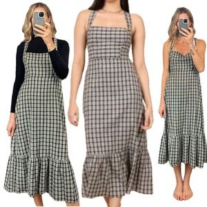 Park and & Fifth Black White Plaid Checks Lafayette Cross Back Midi Ruffle Dress